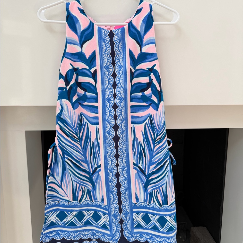 Lilly Pulitzer Pink and Blue Tropical Mini Dress with shorts.